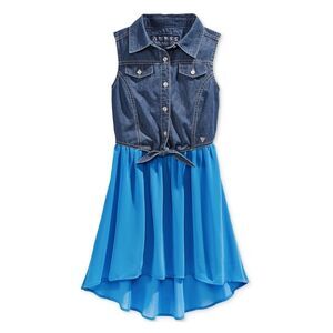 New! GUESS Girls' Tie-Front Denim & Chiffon High-Low Dress Blue Size Large (14)
